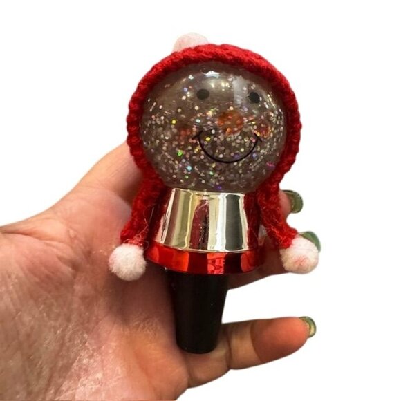Snowman Glitter Wine Bottle Stopper With Red Knit Hat - Picture 1 of 7